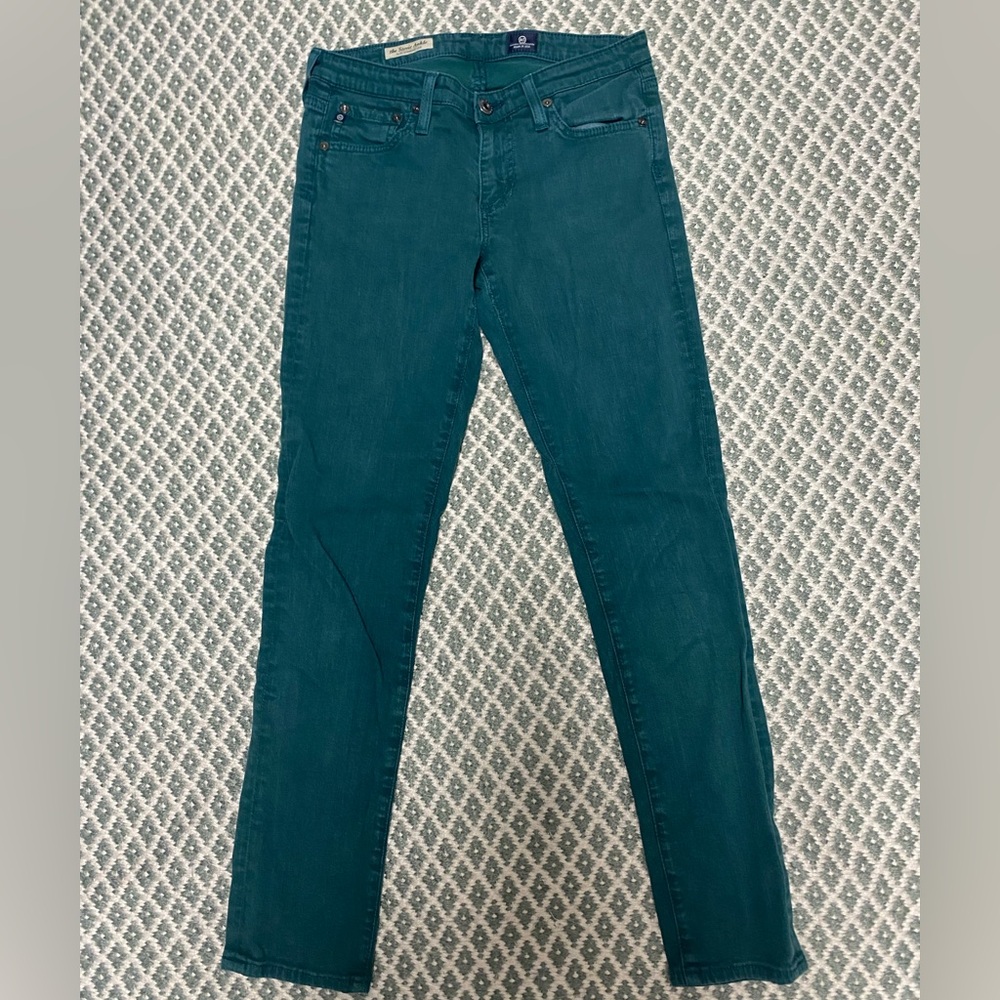 AG Stevie slim straight jeans from Anthro. Dark green/turquoise color. GUC.